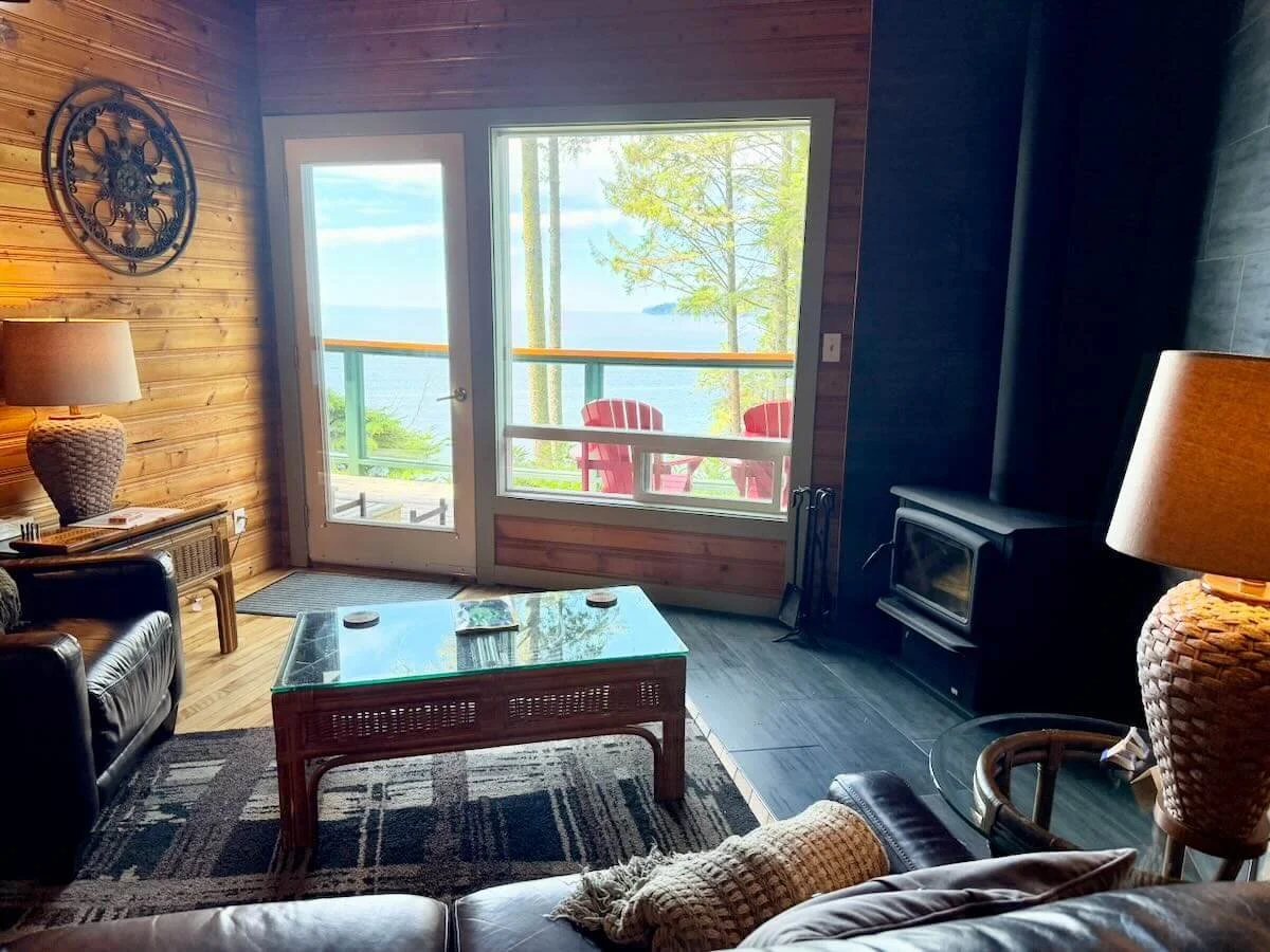 View of living area and woodstove in Cabin 12