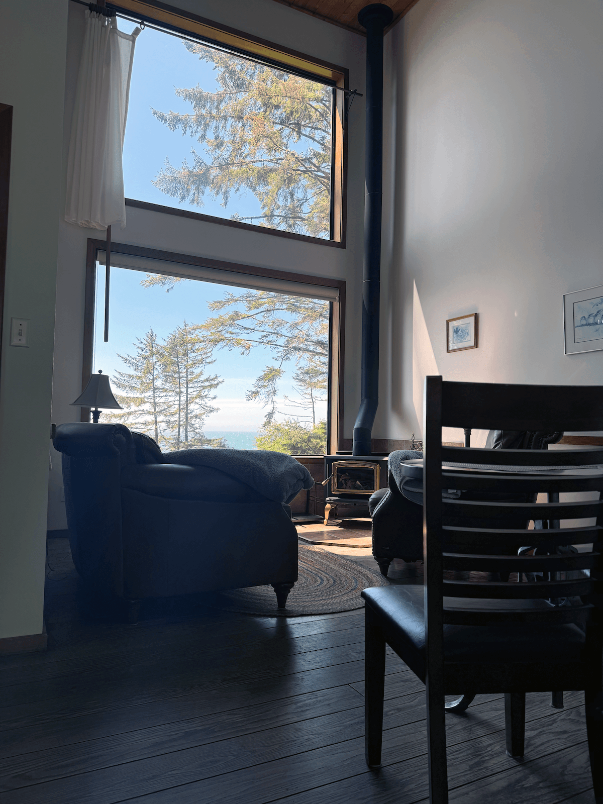 Cabin Blue Jay living area with large windows showing trees and sky, black leather chair, small wood stove, framed pictures on white walls, wooden floor, wooden ceiling, and a dining chair.