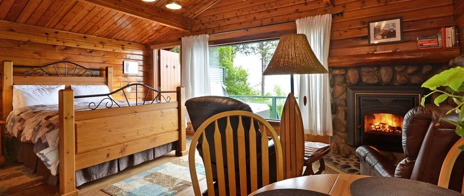 Cozy cabin interior with wooden walls, a large bed, a stone fireplace with a fire, a dining table with chairs, a leather armchair, and a window with white curtains showing greenery outside.