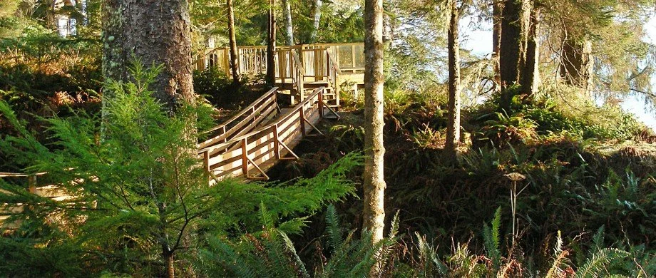 Bridge House suspended bridge leading to a private deck overlooking the ocean.