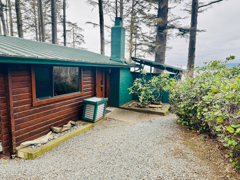Exterior of a wooden cabin surrounded by trees and bushes, with a gravel pathway leading to the door, a chimney, and a window.