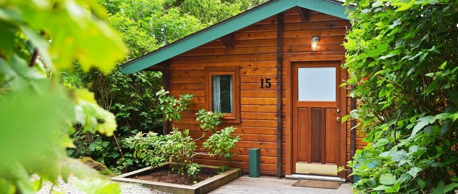 Exterior of Cabin 15 with a green roof, surrounded by lush green plants and trees.