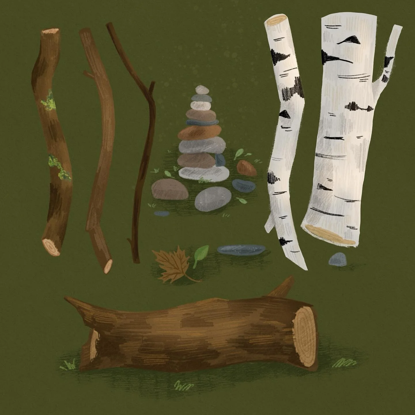 Been working on some studies recently, trying to find my style footing with different materials and objects :) 🪨🪾🪵
-
#illustration #digitalart #naturalillustration #plantillustration #visualdevelopment #childrensbookillustration #kidlitillustratio