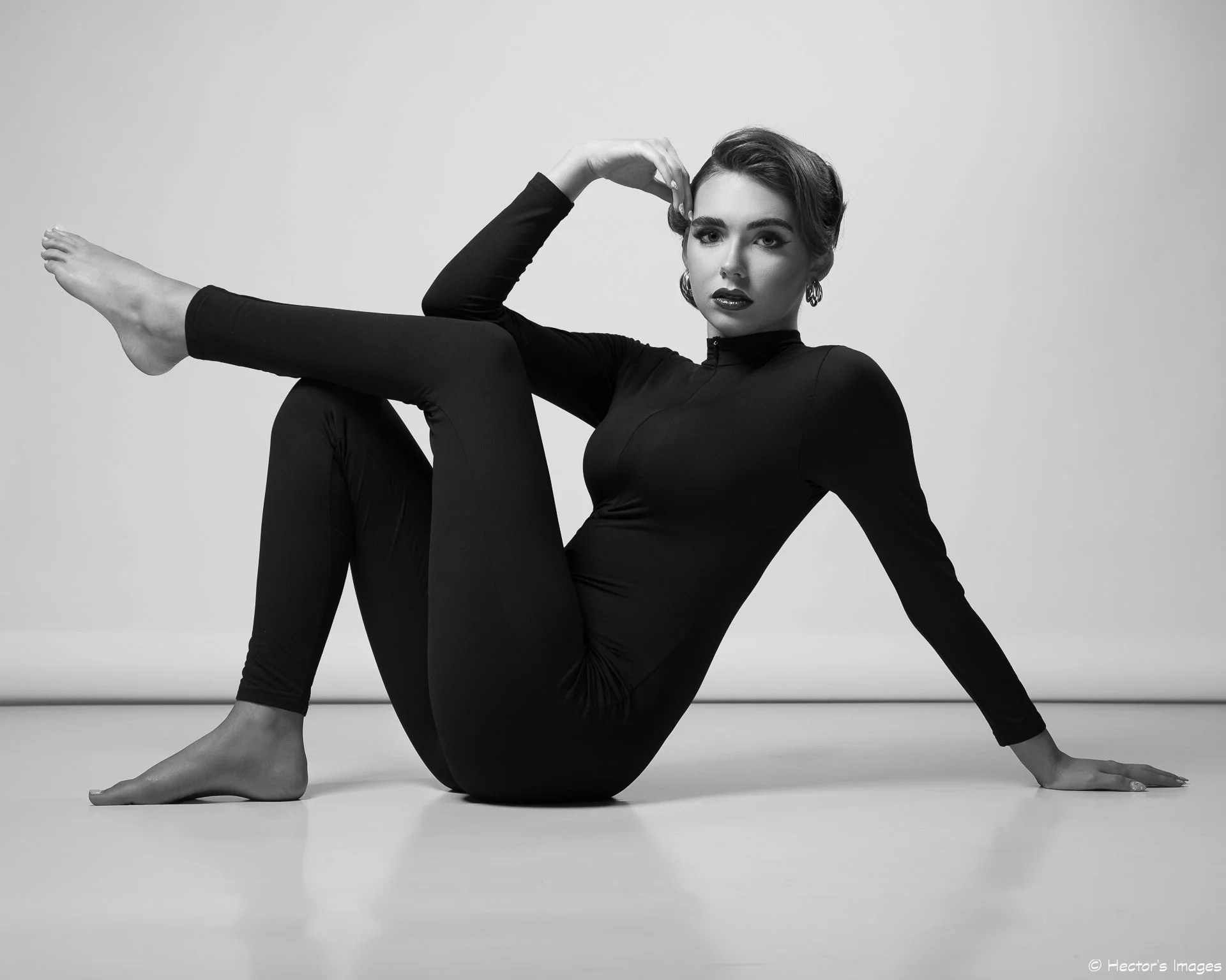 Editorial beauty modern I white faux fur coat with glam makeup in studio setting