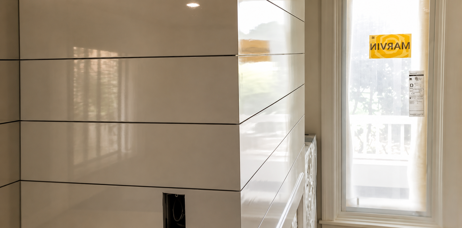 White glass-finish shiplap wall by new Marvin windows — custom interior finish, Beaufort SC