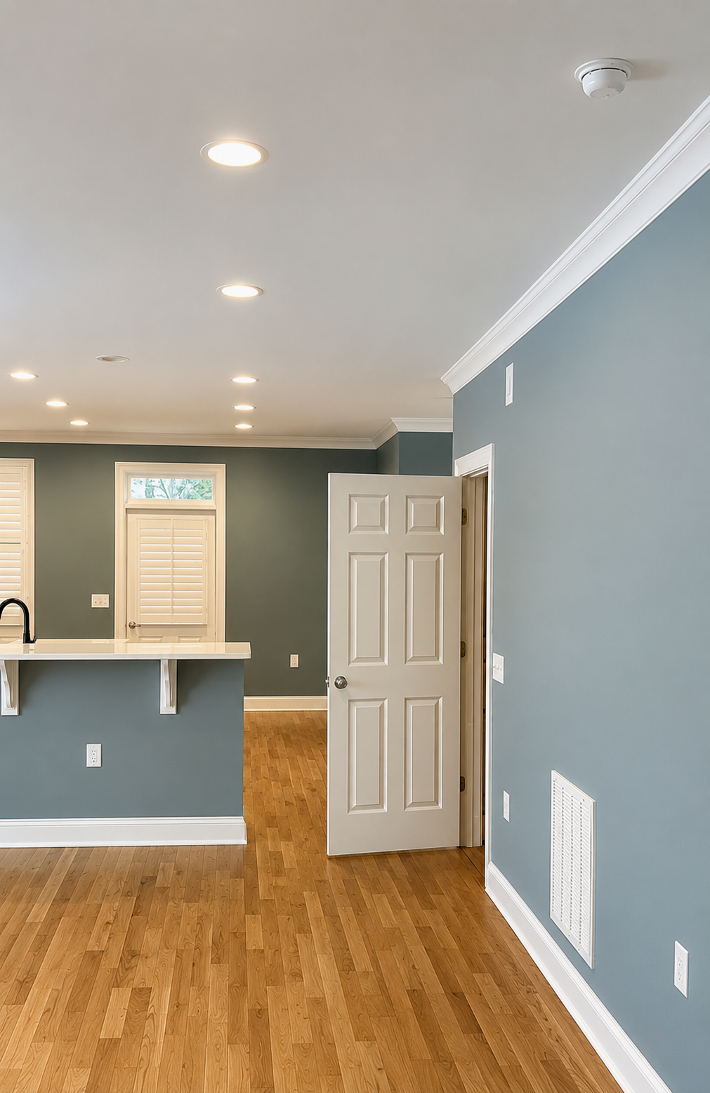 Freshly painted living room with slate-blue walls and crisp white trim by Blessings Painting in Beaufort, SC