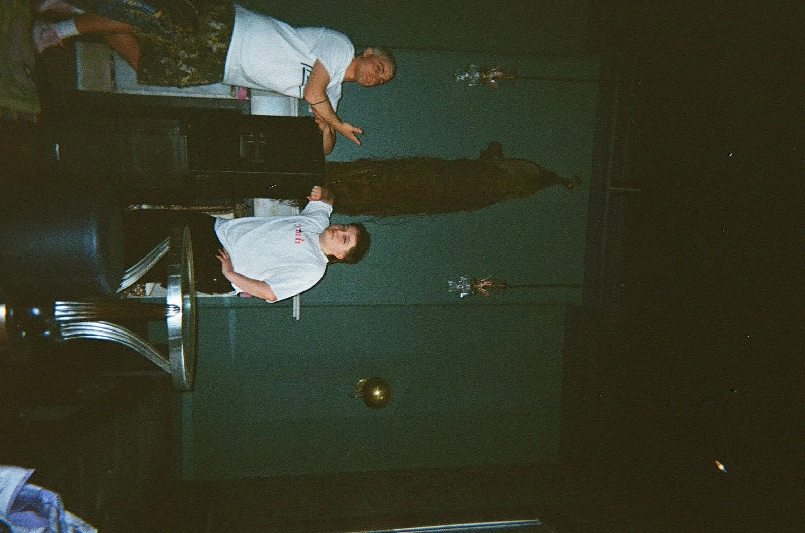 Two women are standing in a room decorated with tinsel and a large hanging decoration. One woman is pointing with her finger, and the other woman has her arm around a speaker. There is a table with some dishes in the foreground.