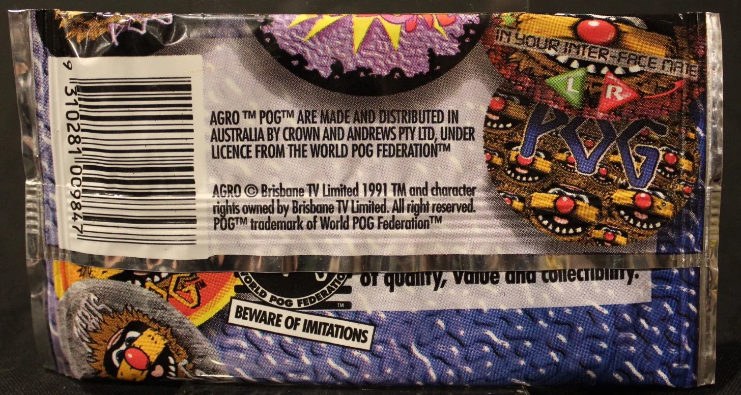 Rear of the Sealed Pack of Agro POGS