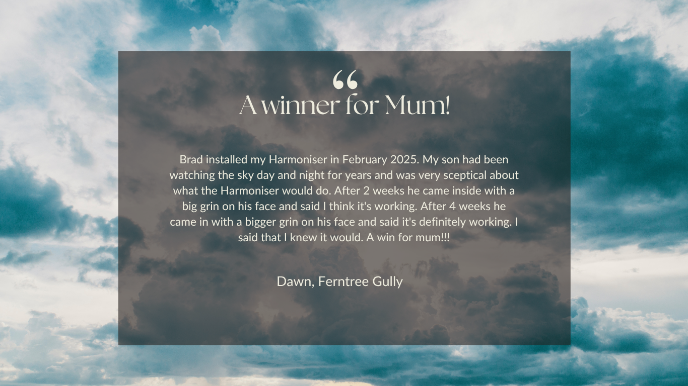 A testimonial card over a cloudy sky, with a quote about a son installing a Harmoniser, celebrating the success with a grin.