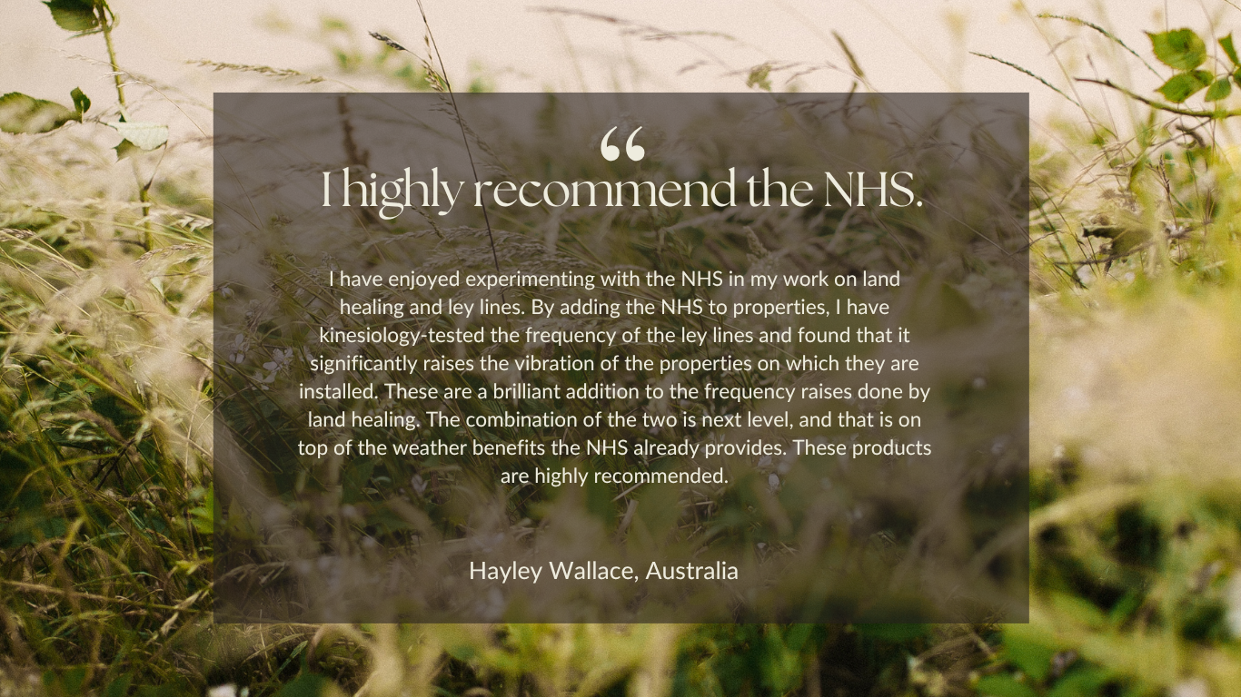 A testimonial quote overlaying a blurred natural outdoor background of grasses and plants, advocating for the NHS with the words 'I highly recommend the NHS.' and a personal endorsement from Hayley Wallace, Australia.
