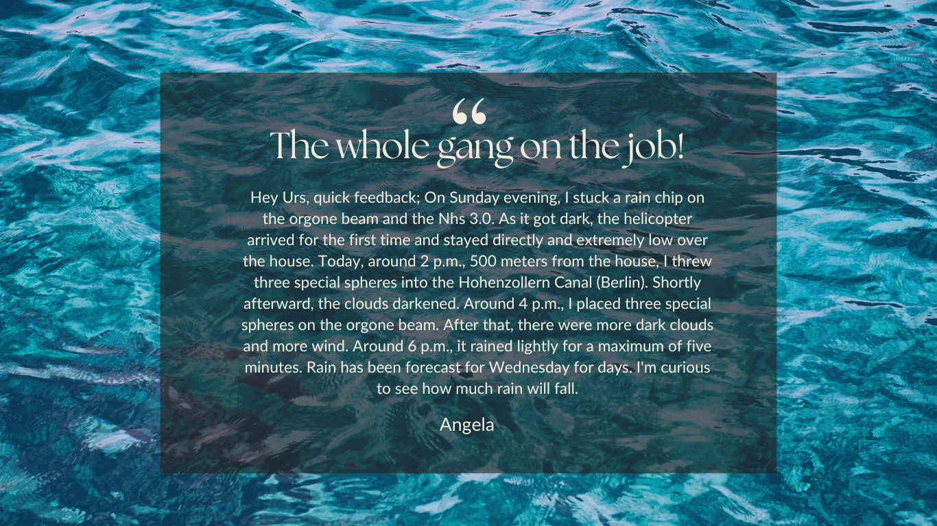 A background of the ocean's surface with visible waves, overlaid by a dark semi-transparent rectangle containing a quote from Angela, describing a series of events involving a helicopter, rain, clouds darkening, and rain forecast.