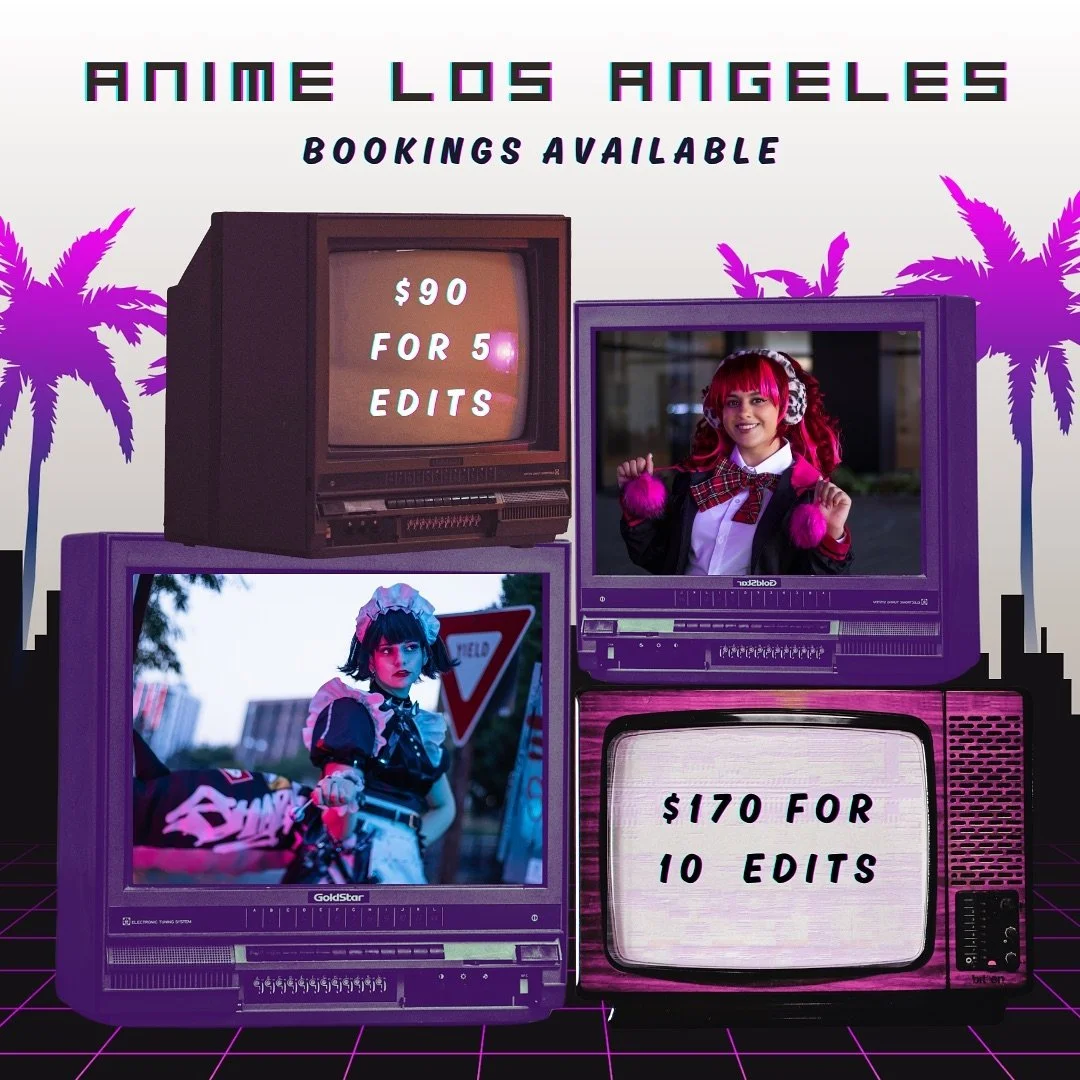 I still have bookings available for Anime Los Angeles! I can offer shoots with natural light or coloured light, and night shoots!

Prices are for 1-2 people, with an extra $15 per person after two. Deposit due by January 1st, so book now and pay afte