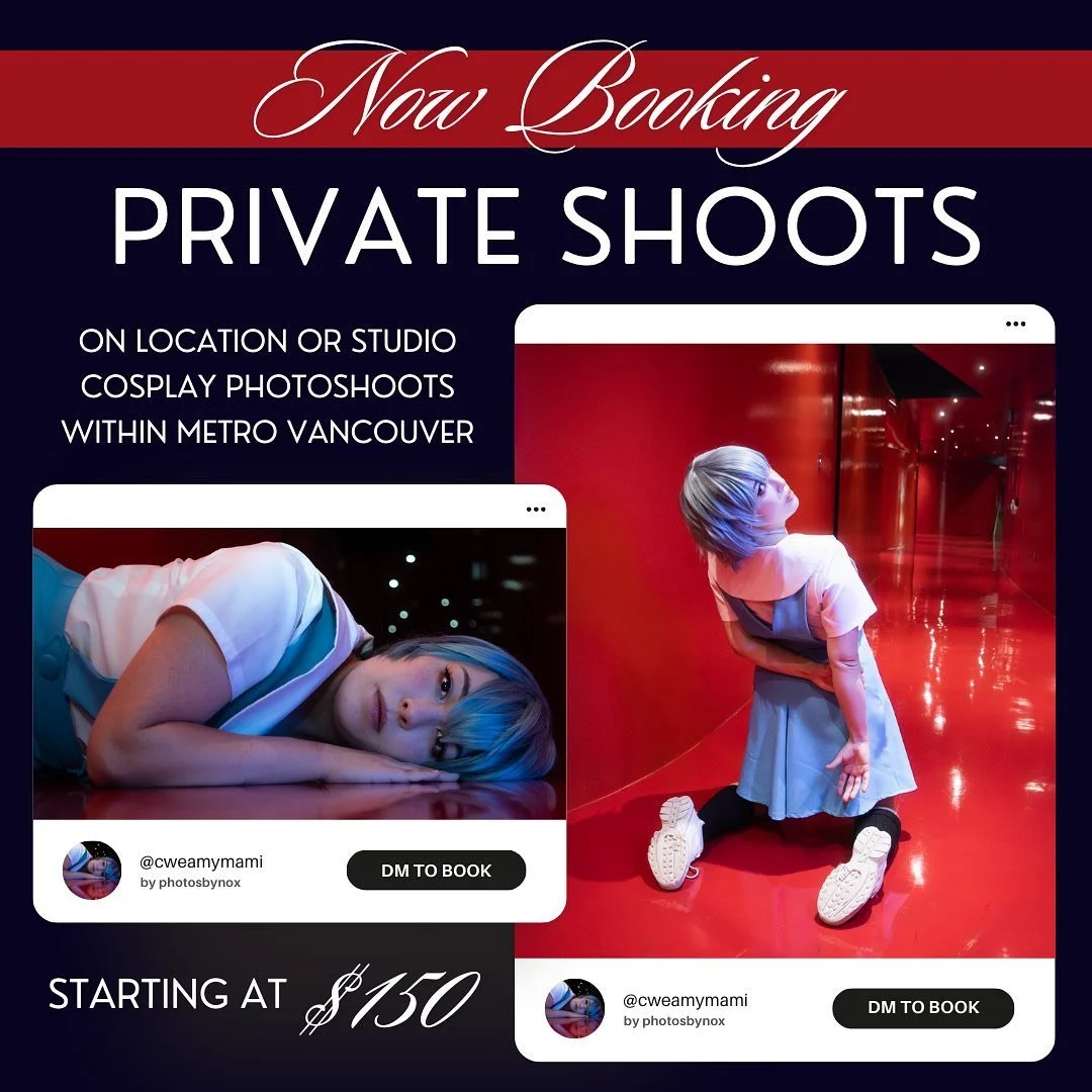 Don&rsquo;t want to wait until your next convention to book a cosplay photoshoot? Do you have a cool location you want to shoot at? Do you want assistance in location scouting to make your vision a reality? 

Book a private shoot! Bookings start at $