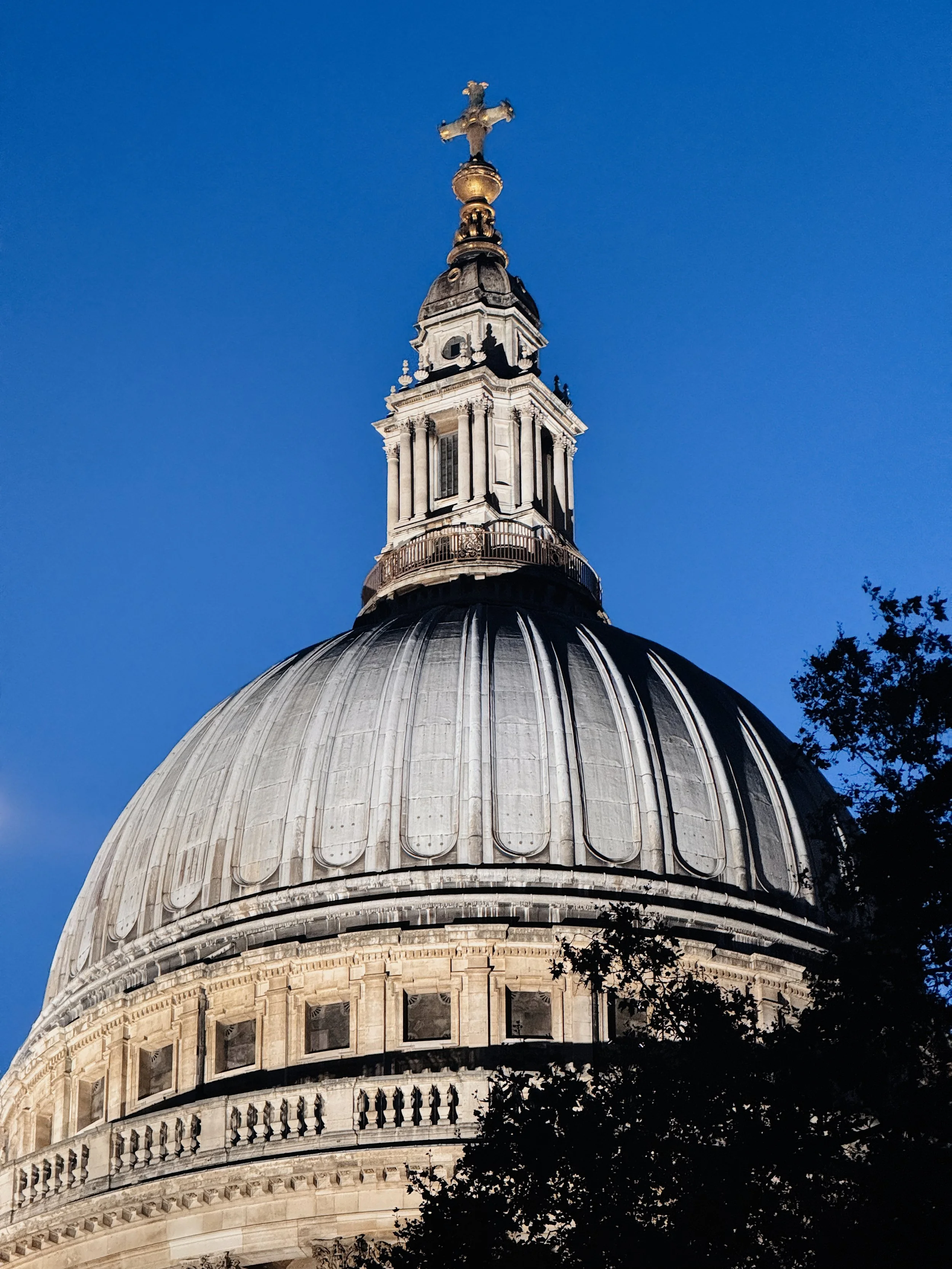 The dome of a historic building with a cross on top, set against a clear blue sky, with some trees in the foreground.