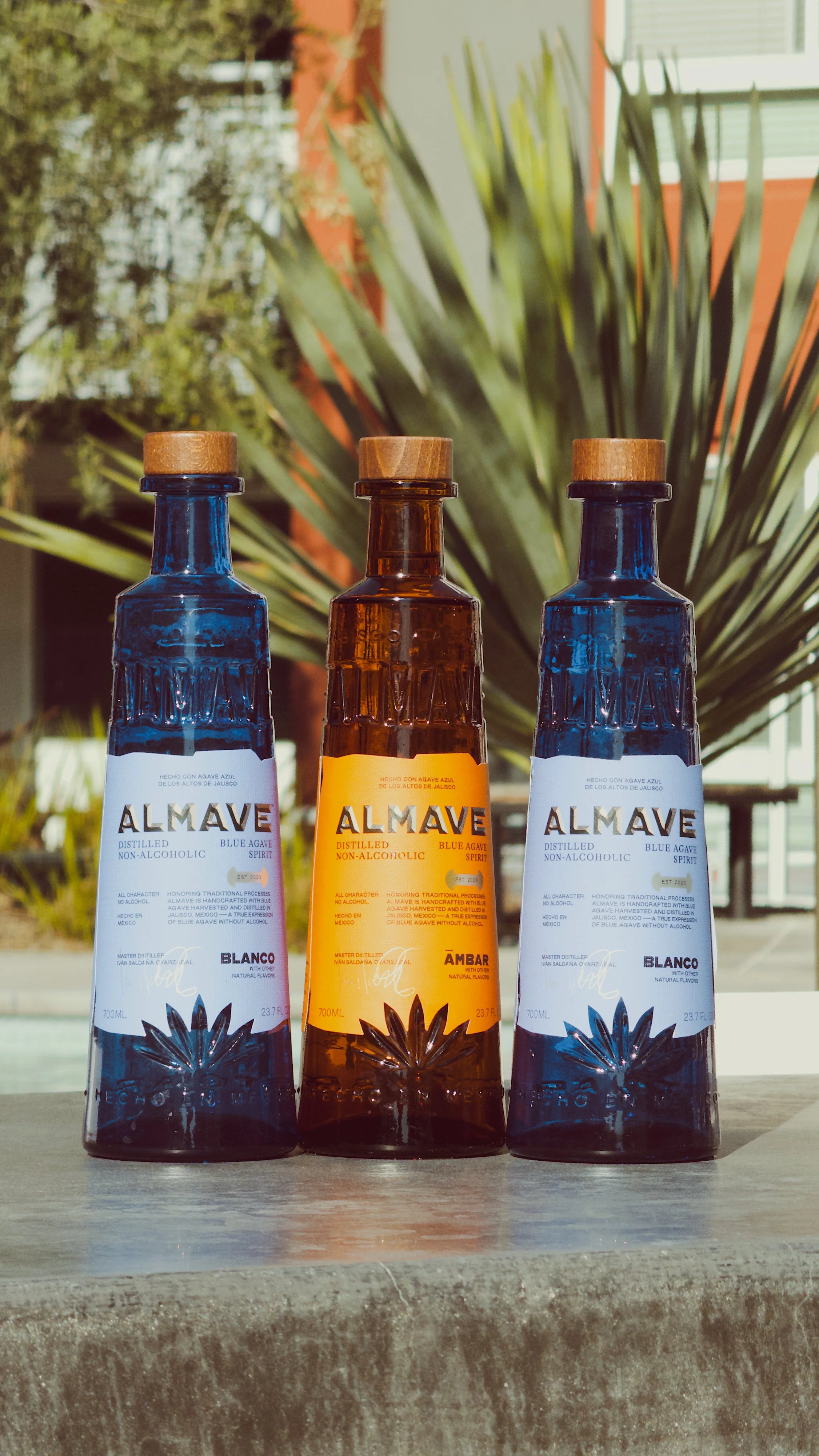 Three bottles of Alame non-alcoholic blue agave spirit, with the middle bottle labeled 'Ambar,' placed on a concrete surface outdoors, with palm plants and a building in the background.