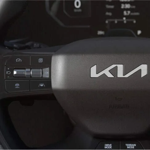 Volante di una vettura Kia con il logo Kia e parte del cruscotto digitale visibile.