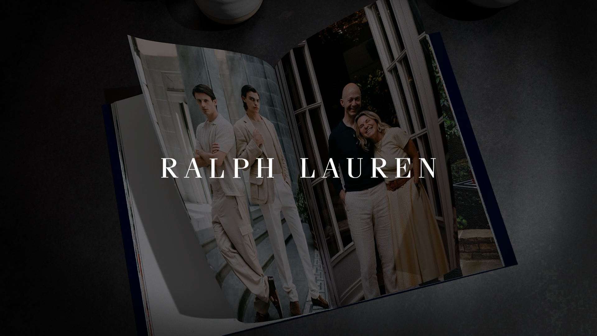 Still frame from a Ralph Lauren internal brand film, showing a magazine-style spread with lifestyle imagery and the Ralph Lauren logo centered, presented in a refined, editorial layout.