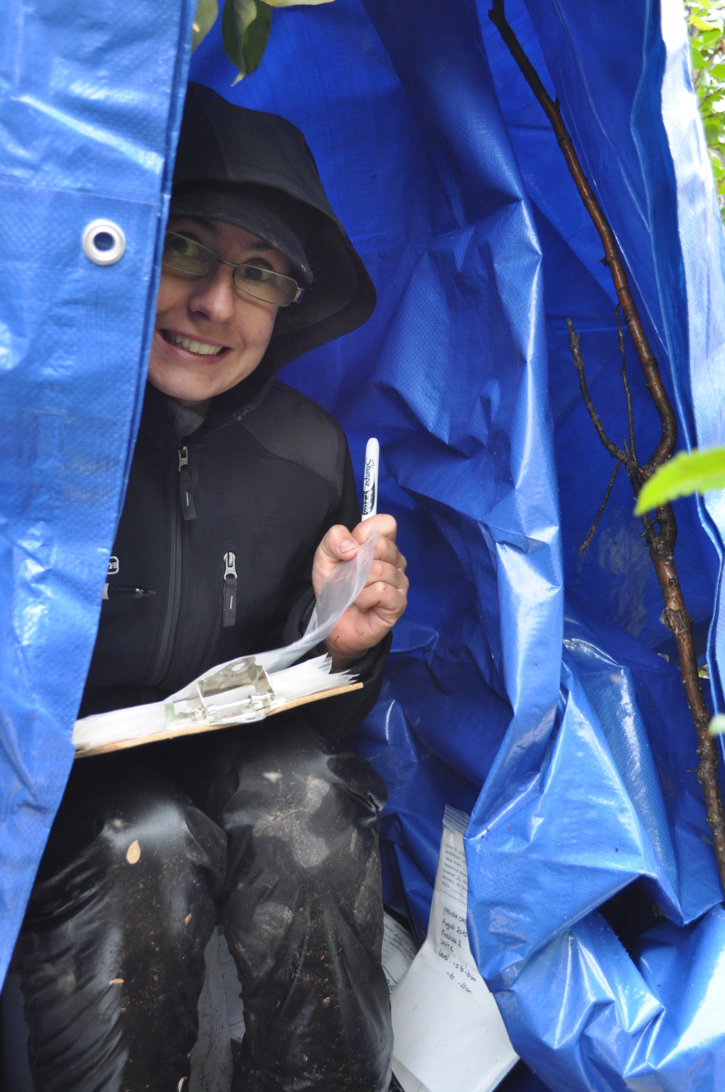 Recording fieldwork data under a tarp shelter during rain, Alaska