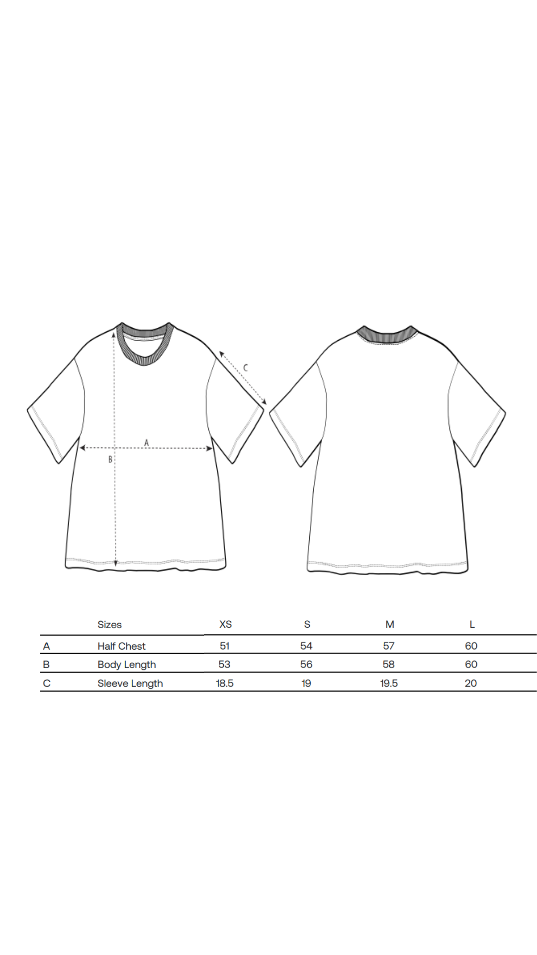 Technical drawing of a T-shirt with measurements for half chest, body length, and sleeve length across sizes XS to L, displayed with front and back views and a size chart below.