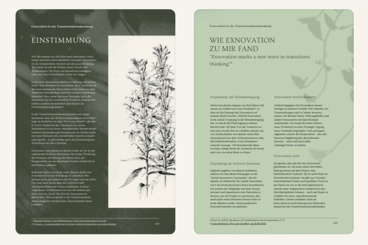 Vorschau des Leitfadens: Zweiseitiges Dokument, erste Seite mit Überschrift 'Einstimmung' und einer schwarz-weißen Illustration einer Pflanze, zweite Seite mit Überschrift 'Wie Exnovation zu mir fand'.
