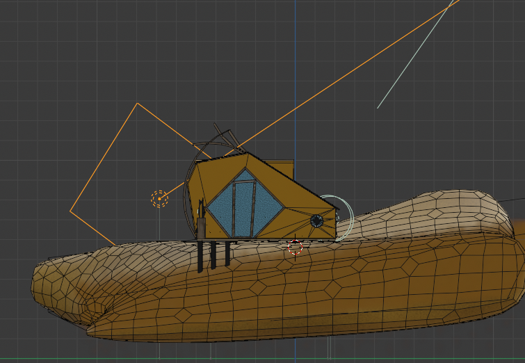 Modèle 3D d'une machine ou véhicule avec une cabine jaune, positionnée sur une plateforme erratique, avec un fond en grille de modélisation 3D.