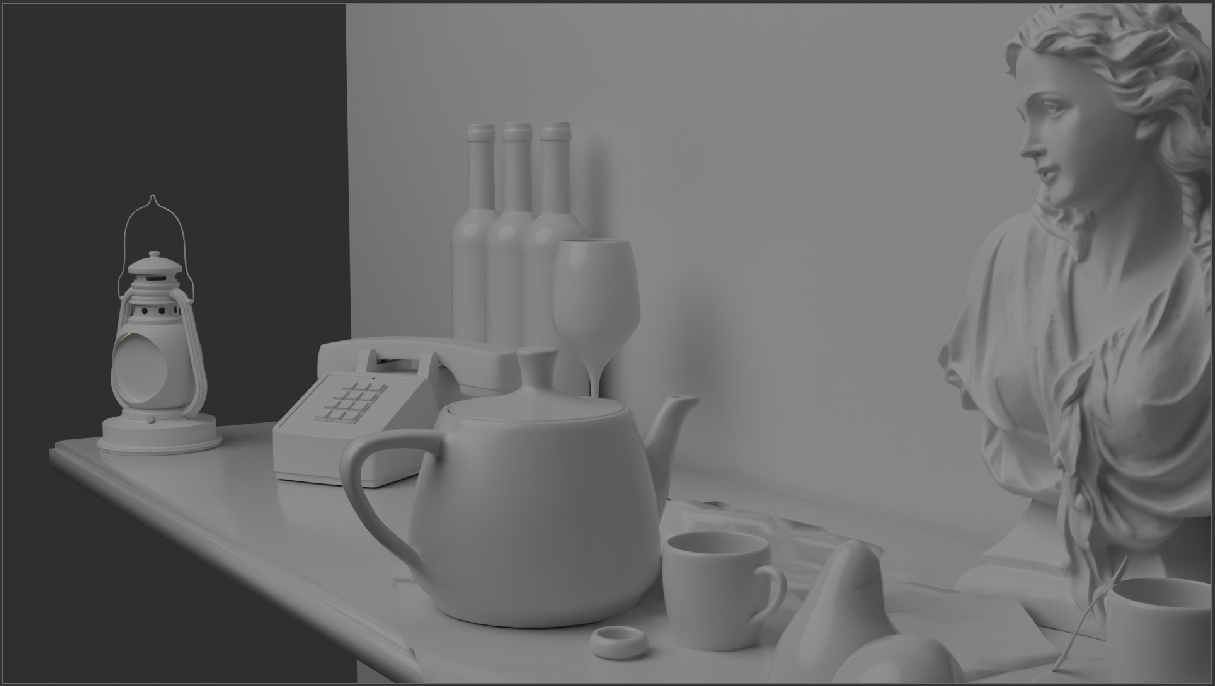 Une table avec une théière, des tasses, une bouteille, une caisse à outils, une lampe de style ancien, et un buste de femme sculpté en marbre.