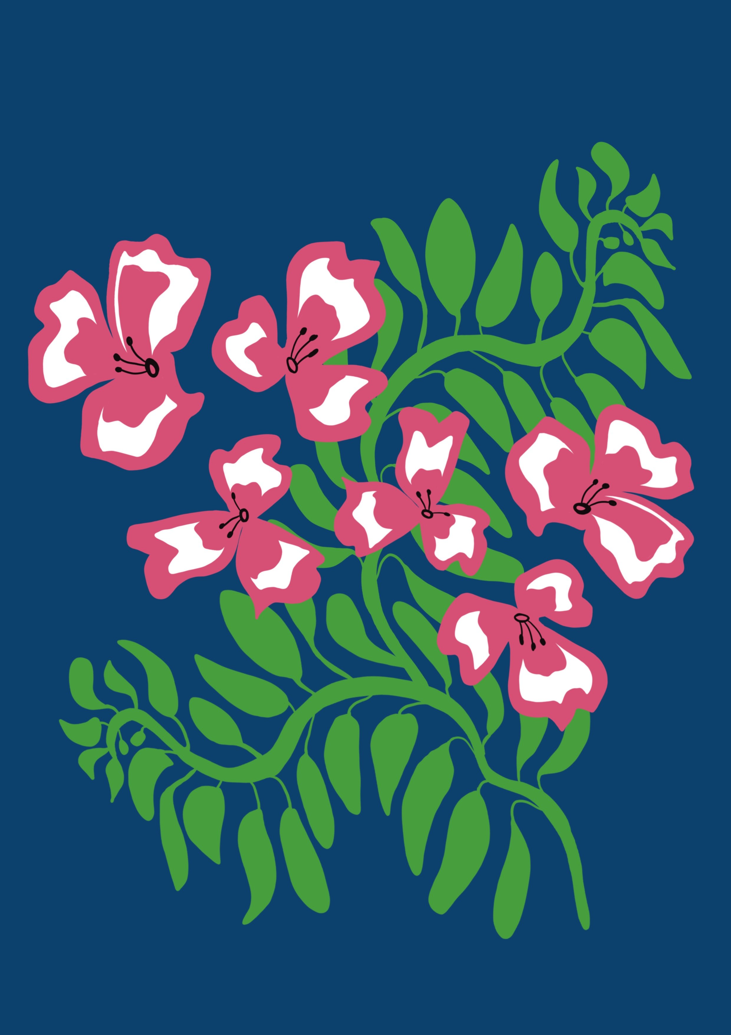 Illustration d'un bouquet de fleurs roses avec des feuilles vertes sur un fond bleu.