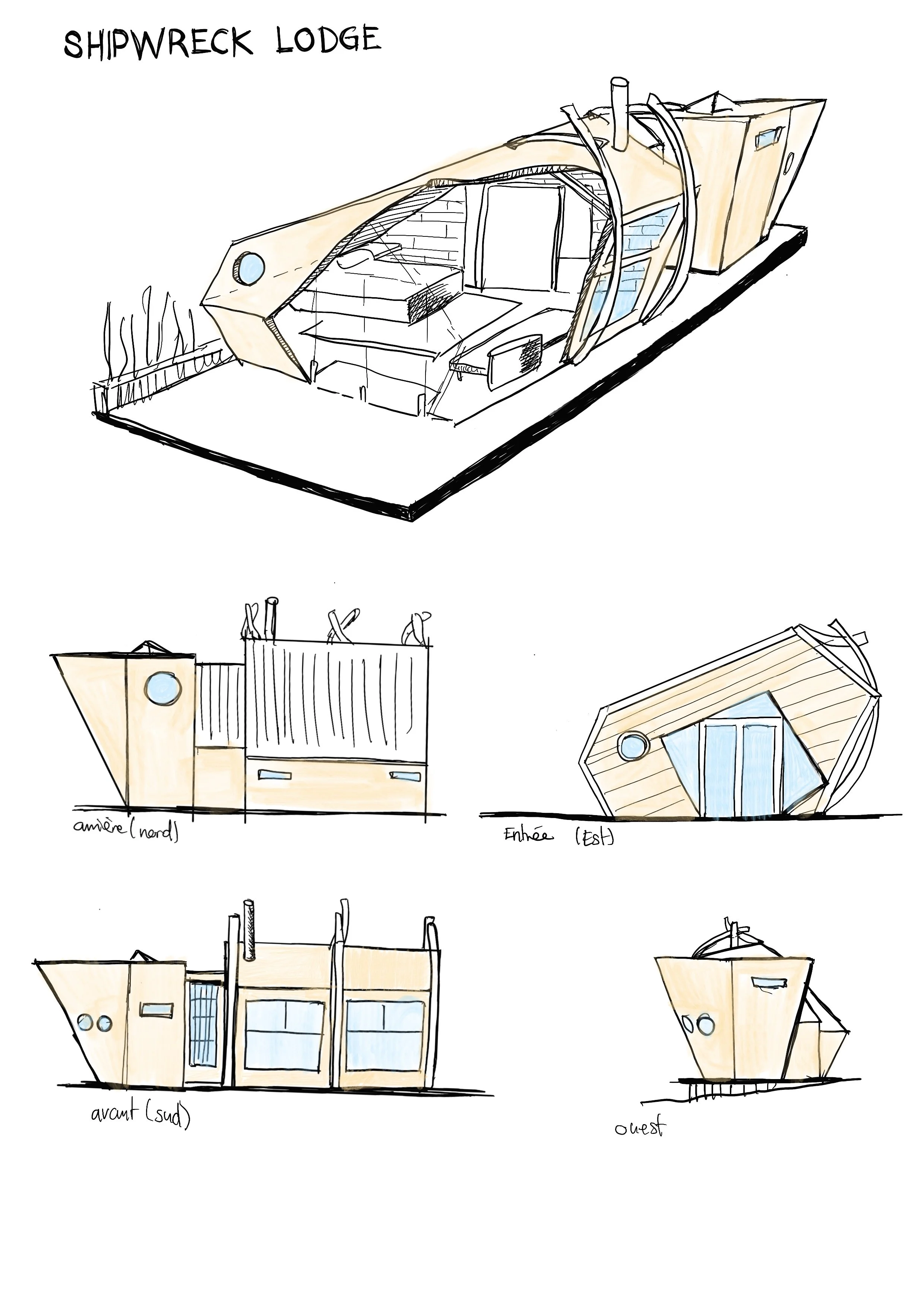 Plan architectural d'une cabane en bois appelée Shipwreck Lodge, montrant différentes vues telles que l'entrée principale, l'avant sud, l'entrée test, et l'arrière nord, avec détails de la structure en bois, fenêtres et portes.