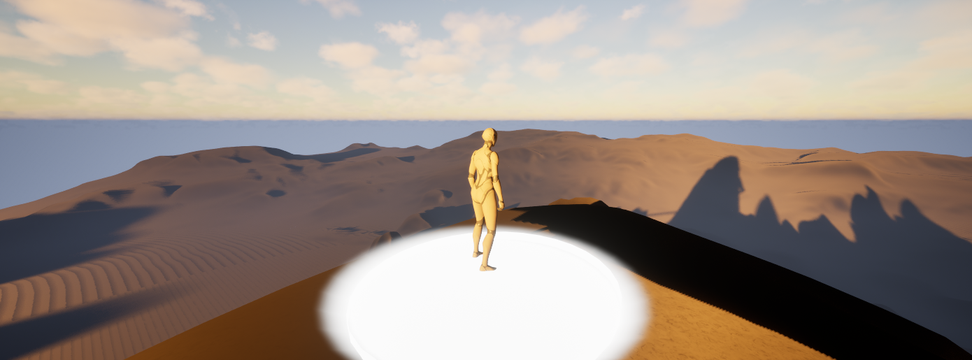 Une silhouette humaine en mode 3D se tient sur une surface dans un désert avec des dunes, sous un ciel clair avec quelques nuages.