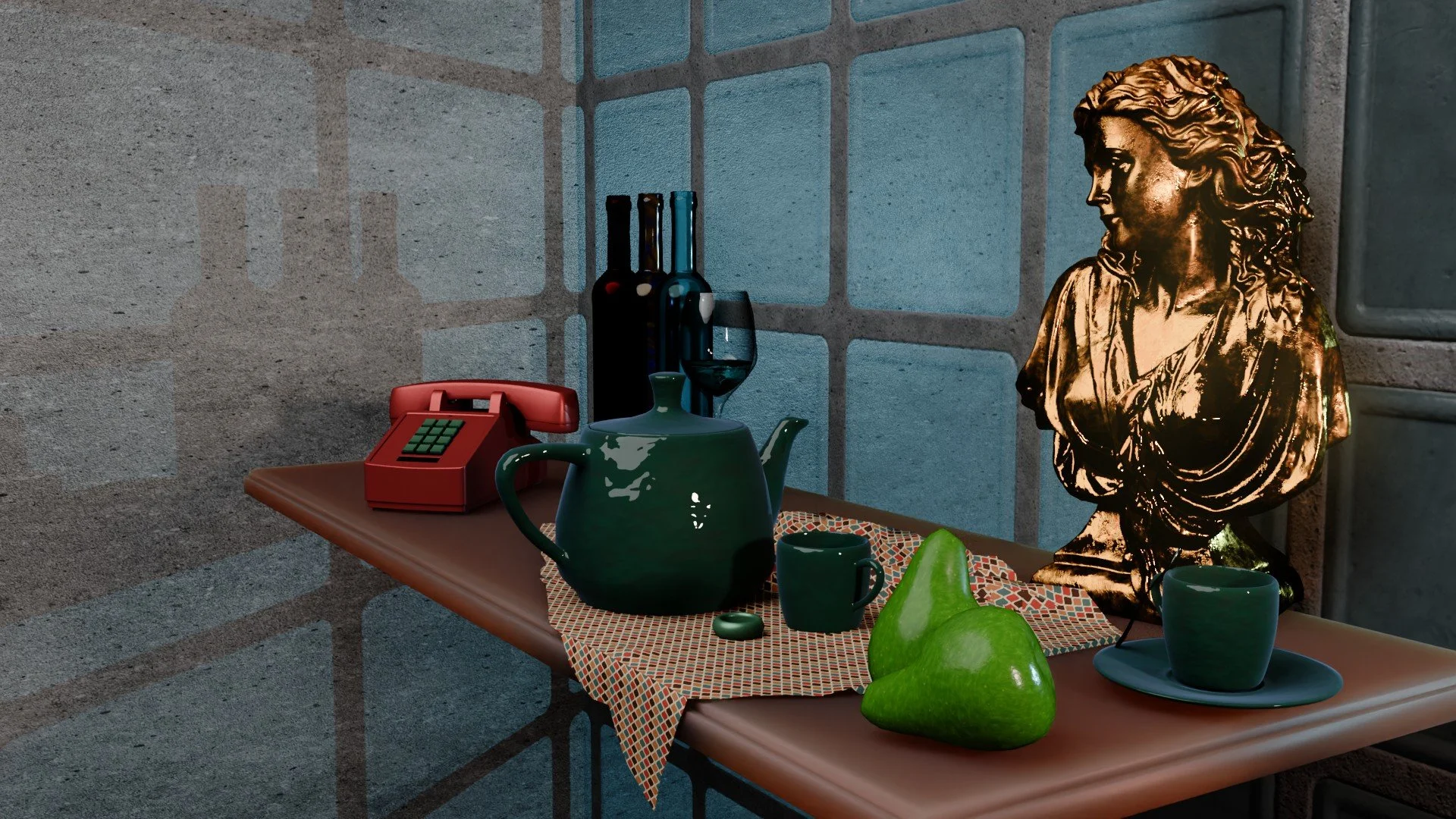 Table avec une théière verte, deux tasses vertes, une pomme verte, une sculpture de bust de femme dorée, un téléphone rouge, deux bouteilles de vin, un verre de vin noir, une nappe à carreaux, dans une pièce avec murs en briques grisâtre.