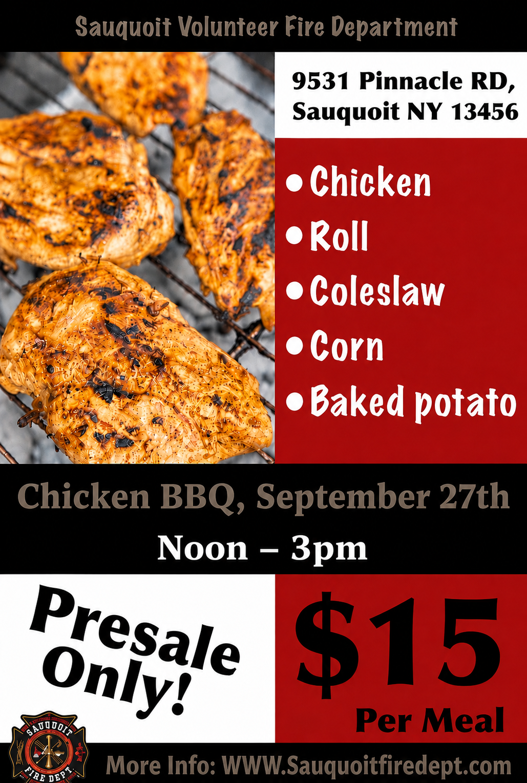 Sauquoit Volunteer Fire Department Chicken BBQ poster for September 27, 2026, noon to 3 p.m.; $15 presale meals.