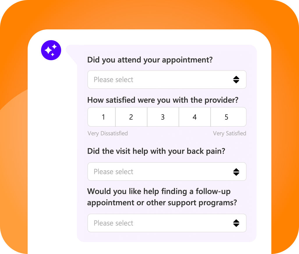mobile app screen showing a follow-up survey with rating and dropdown questions