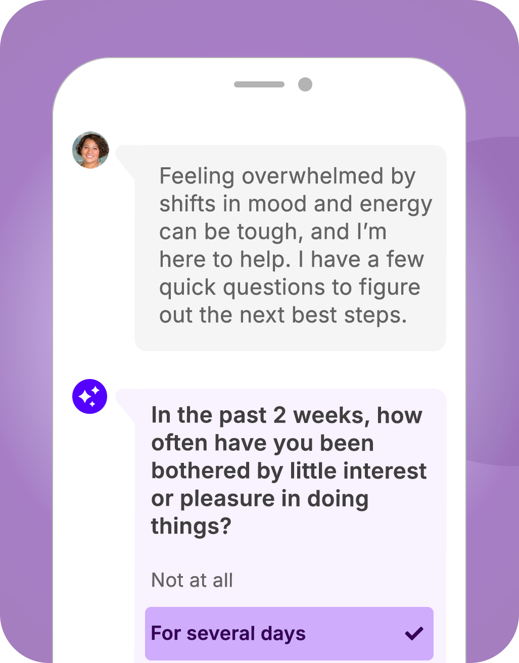 Mobile chat showing AI-guided clinical triage and mental health screening