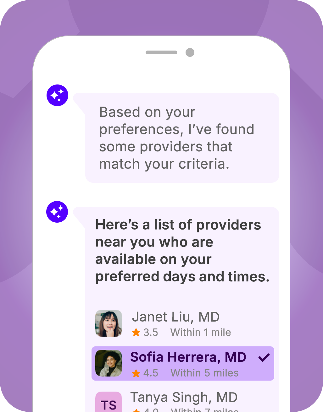 AI-powered provider search displaying nearby doctors and availability on mobile
