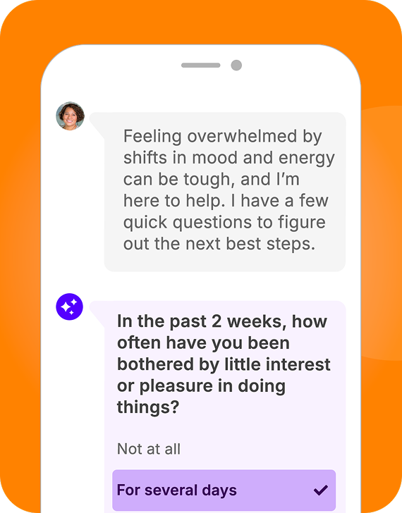 Mobile chat showing AI-guided clinical triage and mental health screening