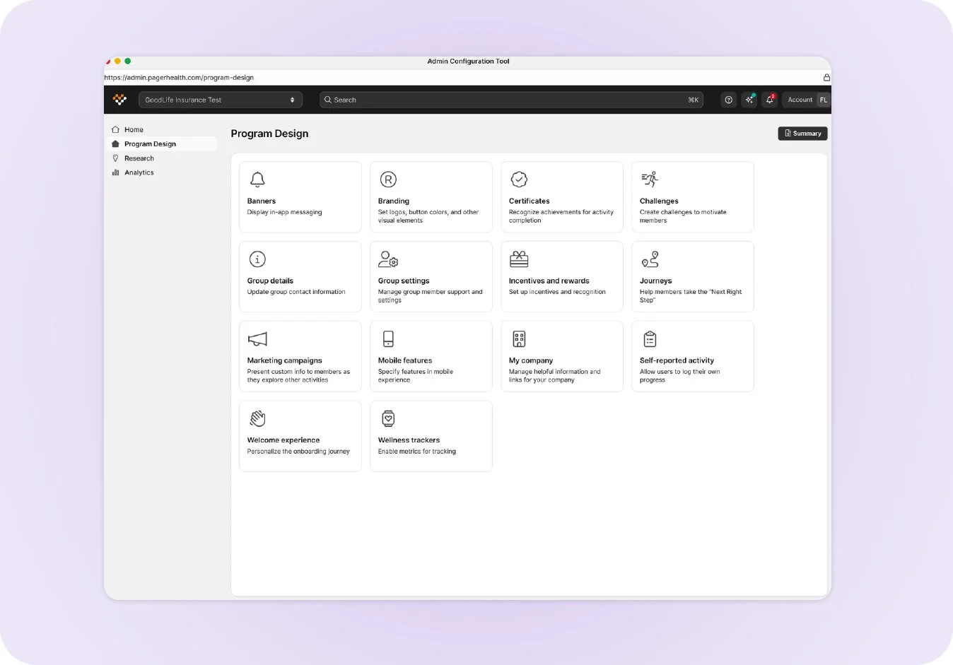 Screenshot of professional configurations of wellness programs and reporting using Pager Health’s Admin Configuration Tool