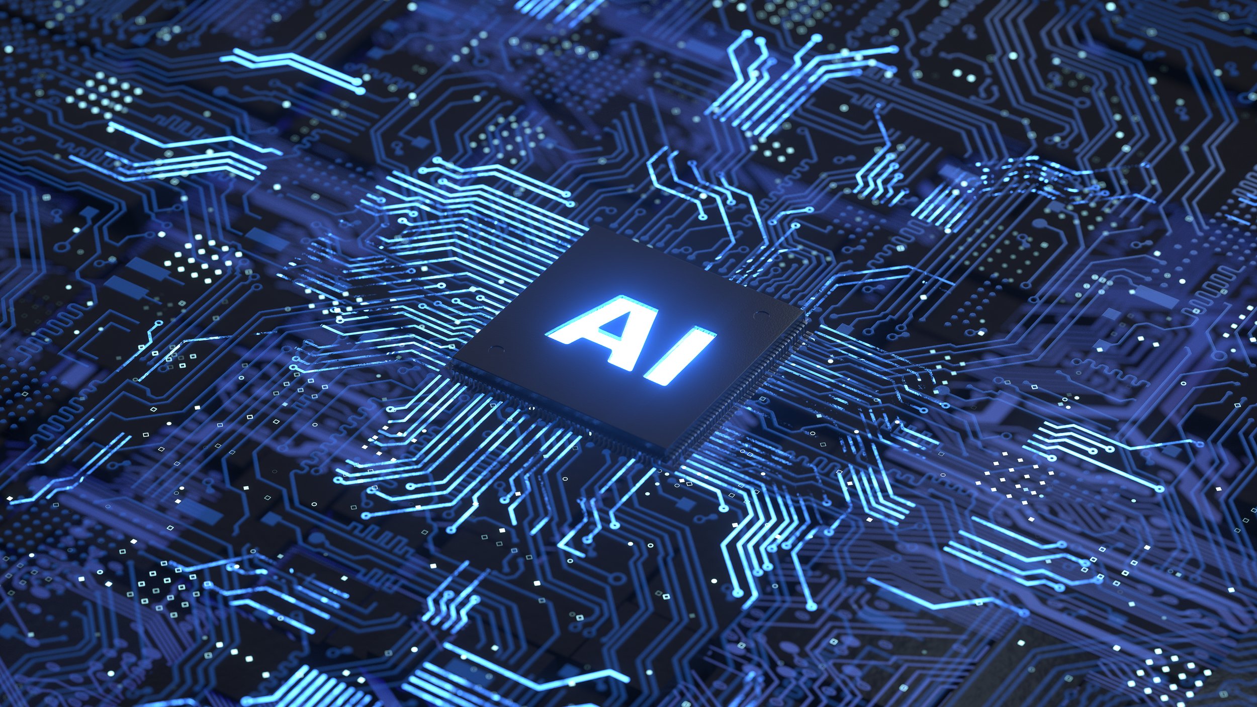Picture of AI chip on a glowing circuit board.