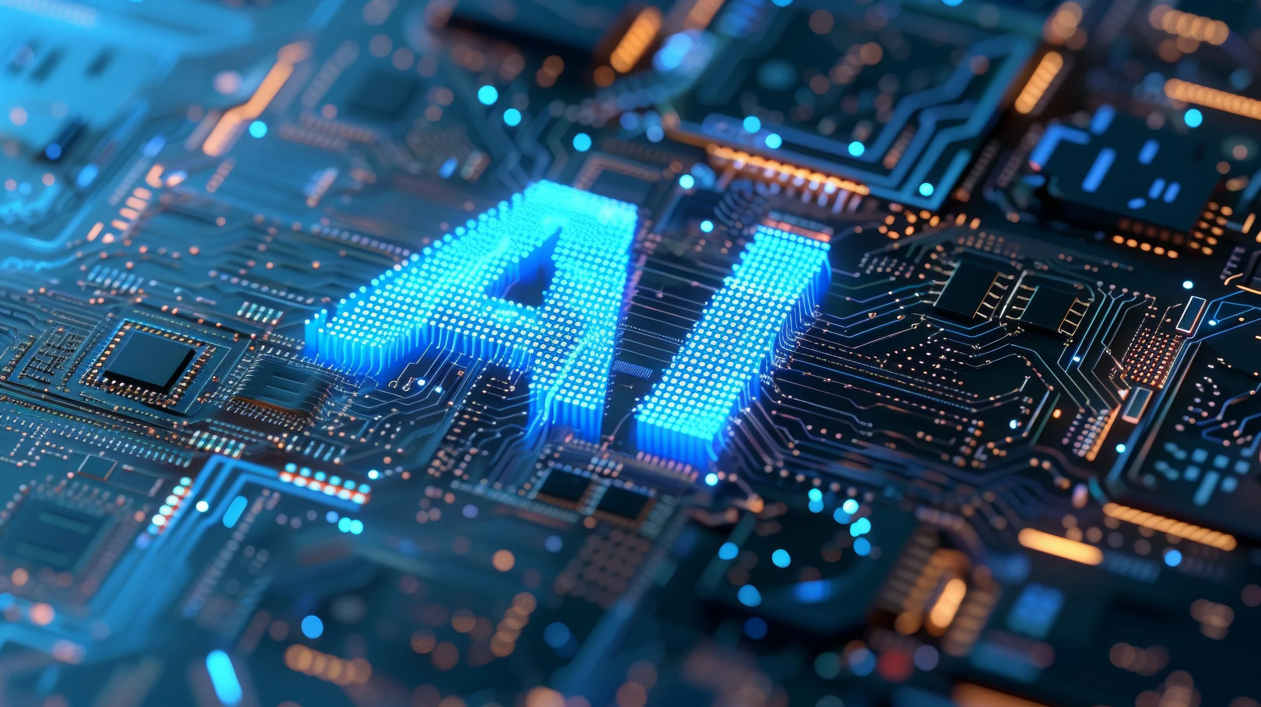 Picture of a glowing AI symbol on a circuit board.