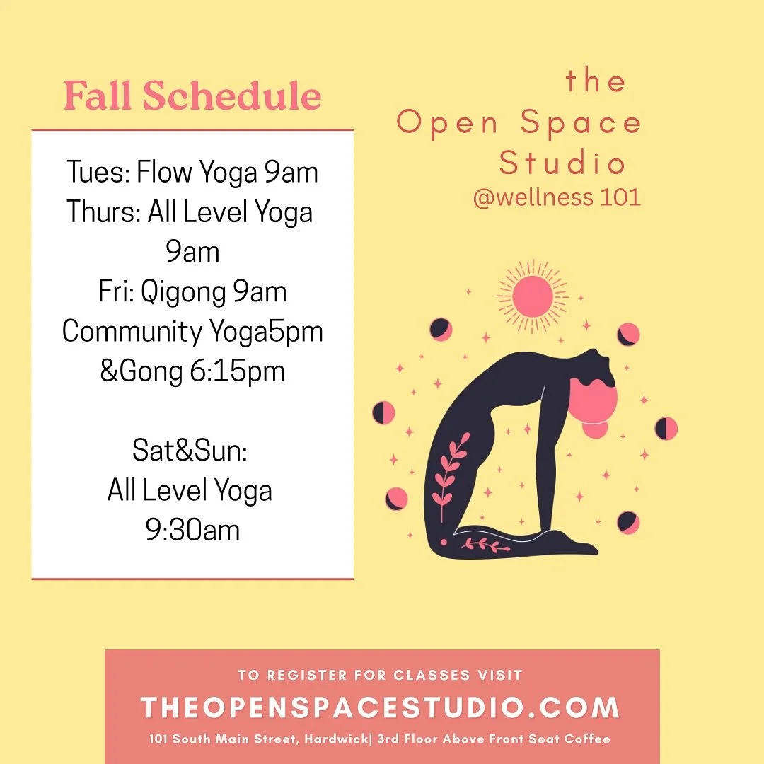 Our Fall Schedule is live! 

Tuesday 9am Flow is all about graceful transitions, coordination, balance and strength. We authentically and fluidly move between asanas (traditional poses) focusing on our breath and movements. Class ends with light weig
