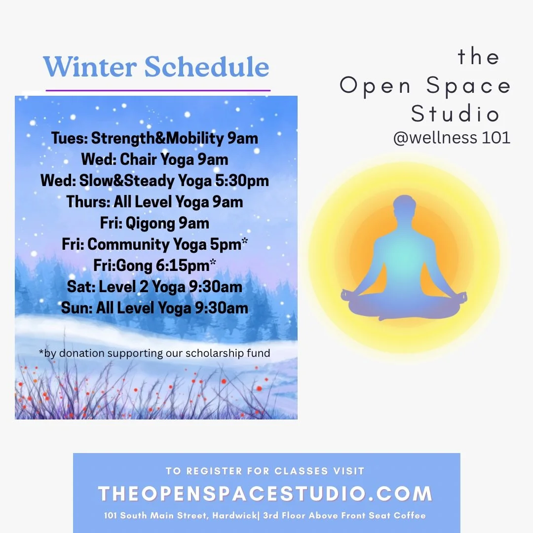 Greetings! Happy New Year!

We are so very grateful for you and your continued support of Wellness 101, The Open Space Studio and all of our amazing practitioners. We wouldn&rsquo;t be here without you!

Tuesday Strength &amp; Mobility Yoga with Weig