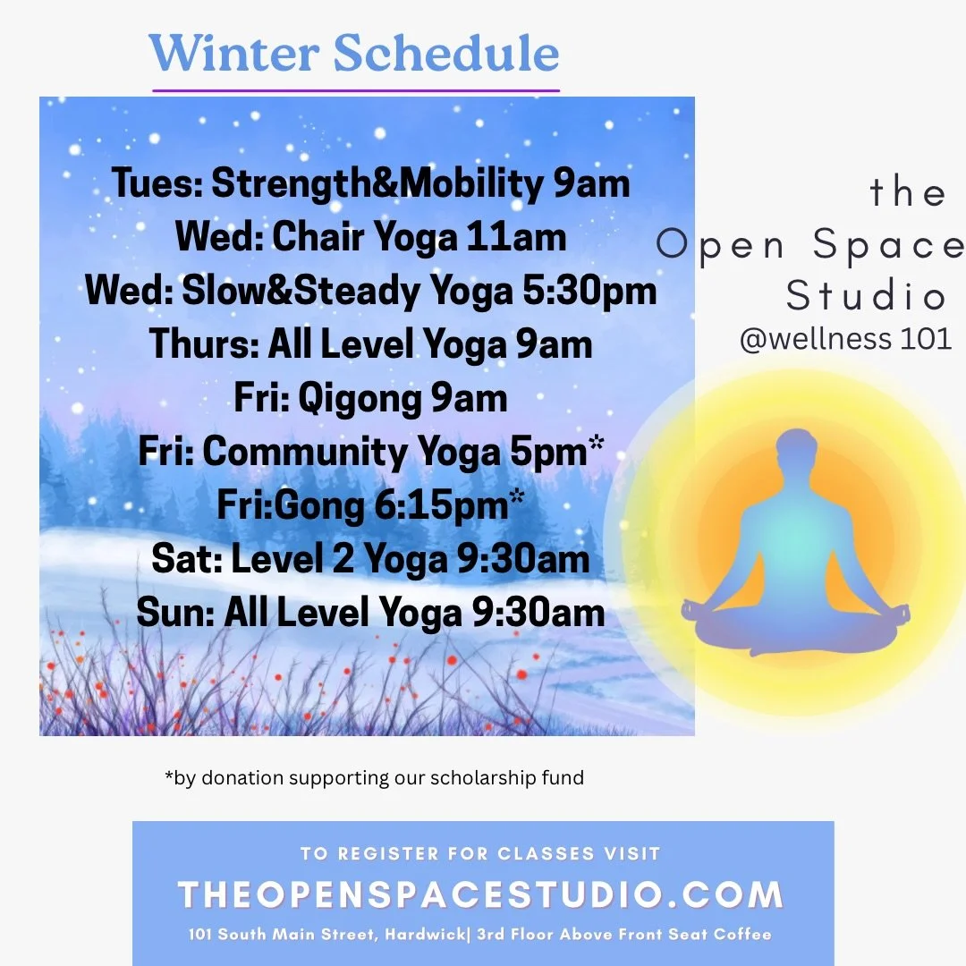 Greetings! Happy New Year!

We are so very grateful for you and your continued support of Wellness 101, The Open Space Studio and all of our amazing practitioners. We wouldn&rsquo;t be here without you!

Tuesday Strength &amp; Mobility Yoga with Weig