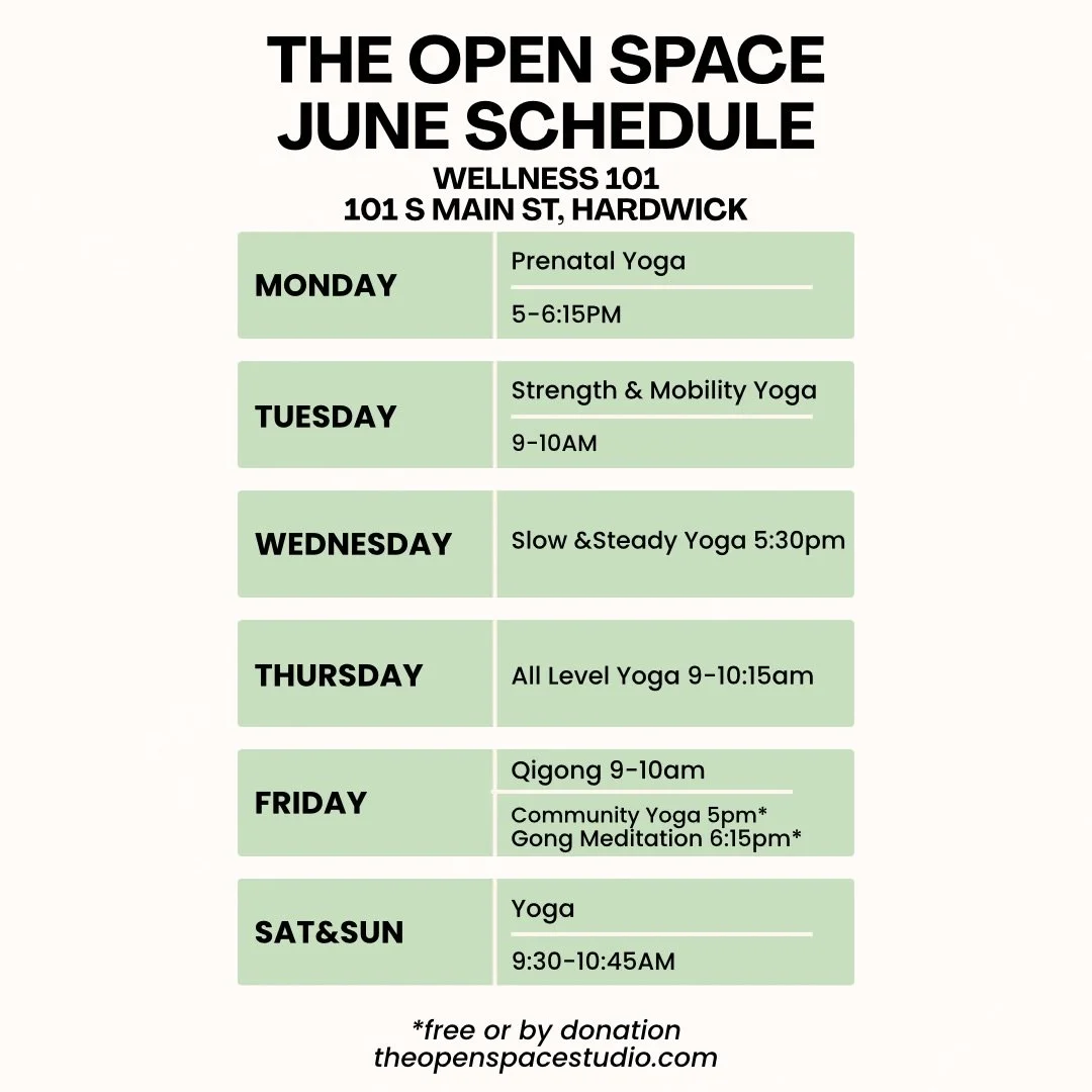We look forward to seeing you in June at The Open Space Studio for movement, breath, strength and mobility 

To sign up or find the class for you, head on over to theopenspacestudio.com