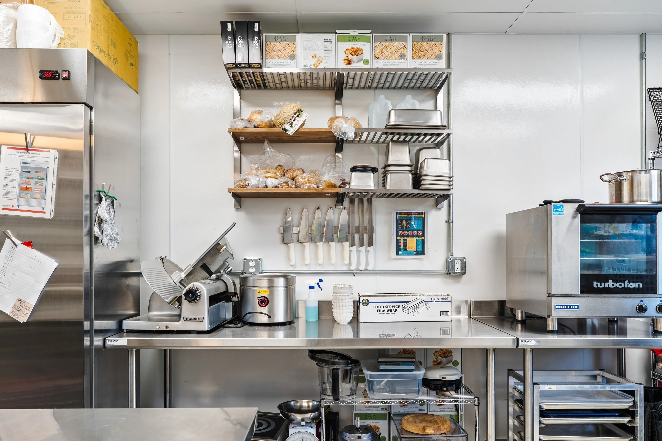Commercial prep kitchen to assemble charcuterie boards.