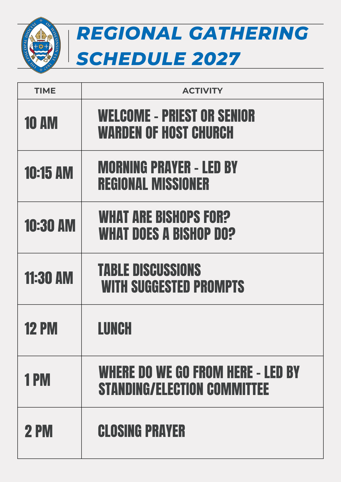 Schedule for the Lakeshore Regional Gathering, including gathering, worship, conversation, meal, and closing times.