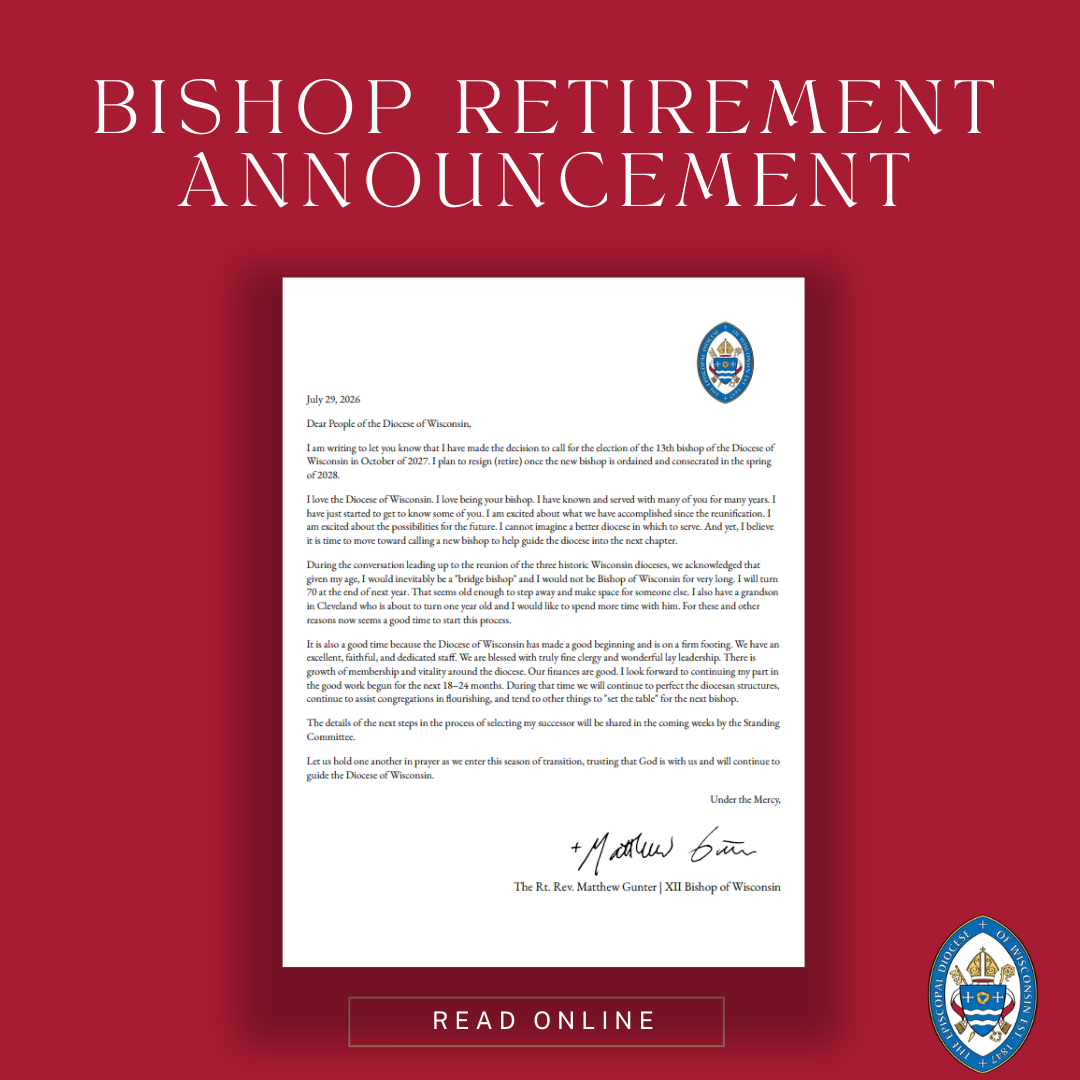 Bishop annoucnement letter on red background annoucing retirement with a button that says click to read online