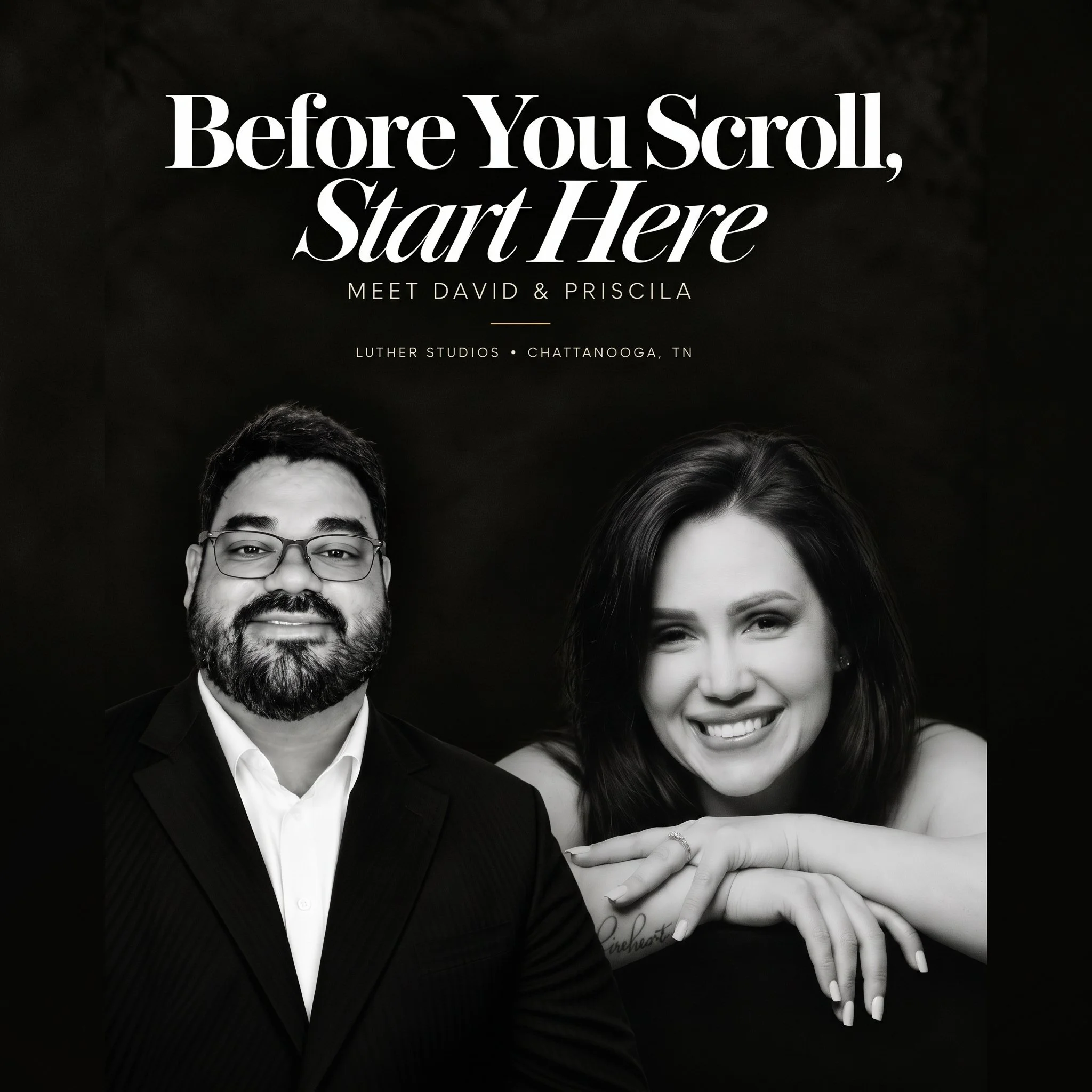 Before you scroll, start here. 🤍
We&rsquo;re David &amp; Priscila, the husband-and-wife team behind Luther Studios.

We love creating work that feels personal, thoughtful, and true to the people in front of us. David handles the photography, and Pri