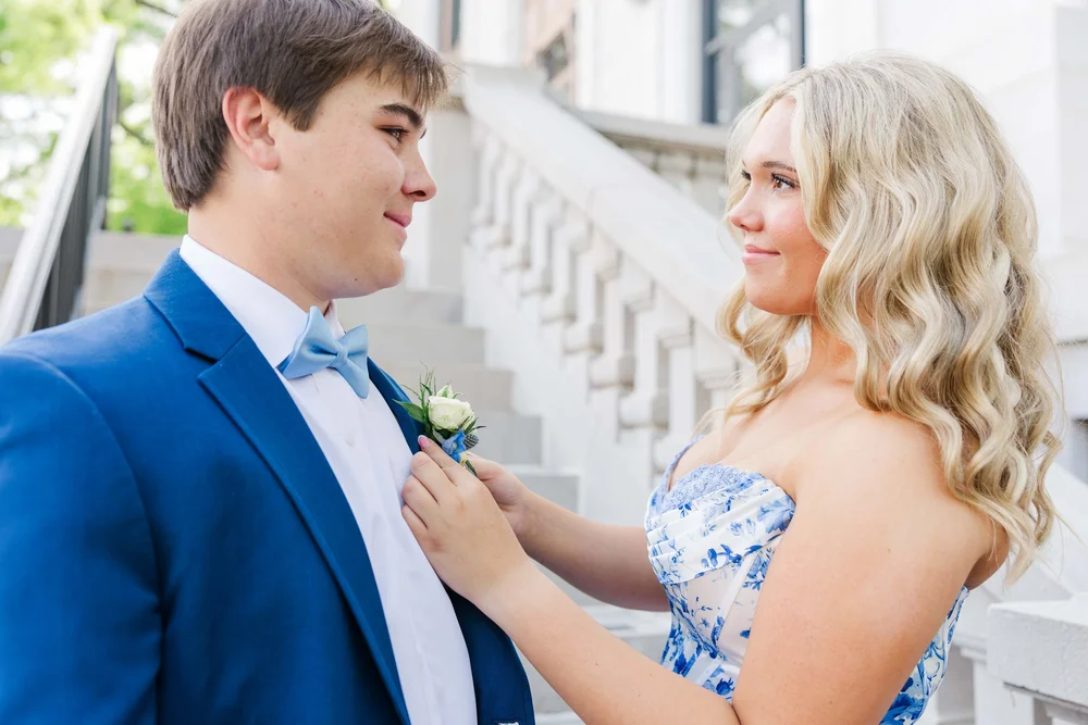 Prom couple sharing a close moment