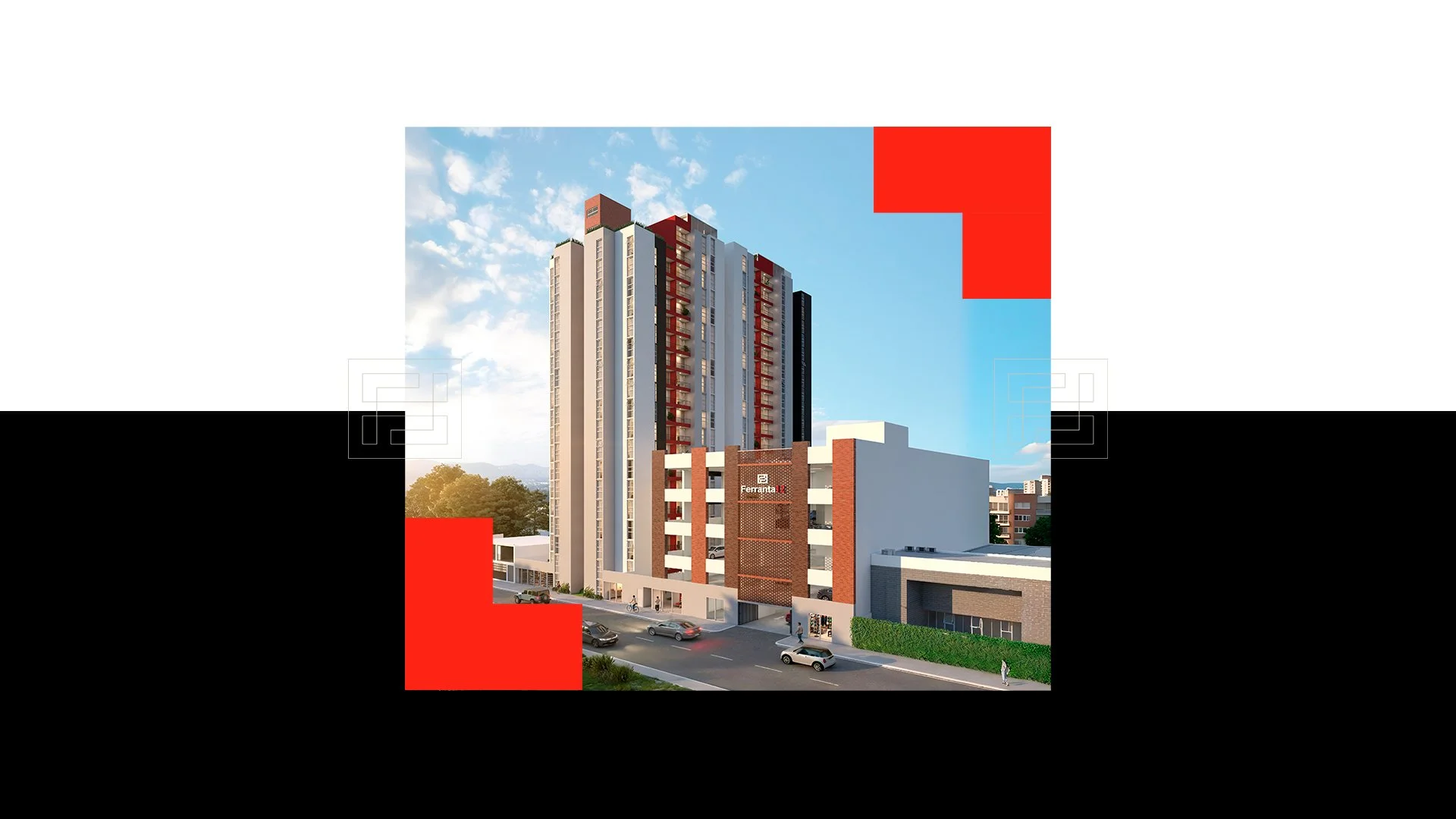 Modern multi-story apartment building with red and white facade, located on a street with cars and pedestrians, under a blue sky with clouds.