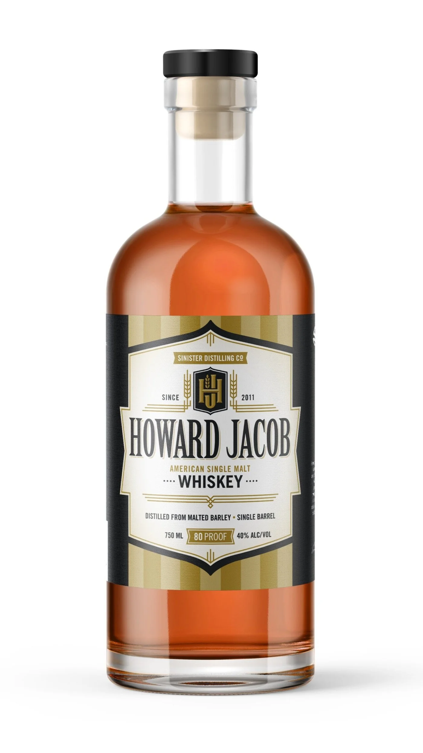Bottle of Howard Jacob American single malt whiskey with a black cap and beige, black, and gold label.