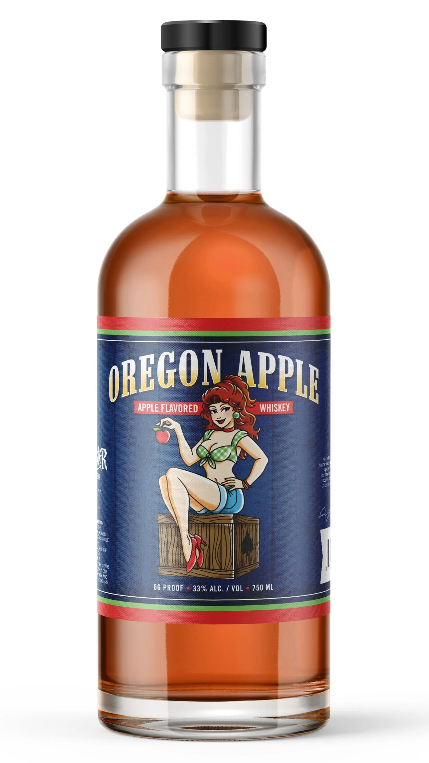 Bottle of Oregon Apple flavored whiskey with a pin-up style woman holding an apple on the label.